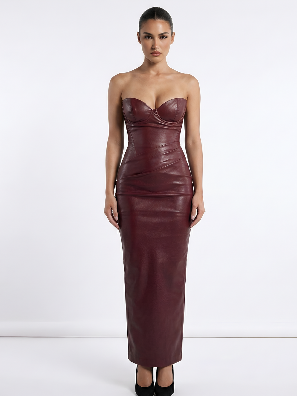 The 'Crimson Edge' Sculpted Faux Leather Maxi Dress