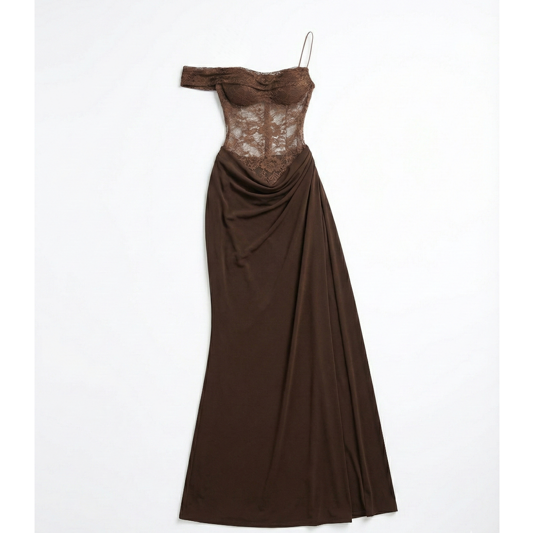 Cocoa Lace & Drape Maxi Gown
