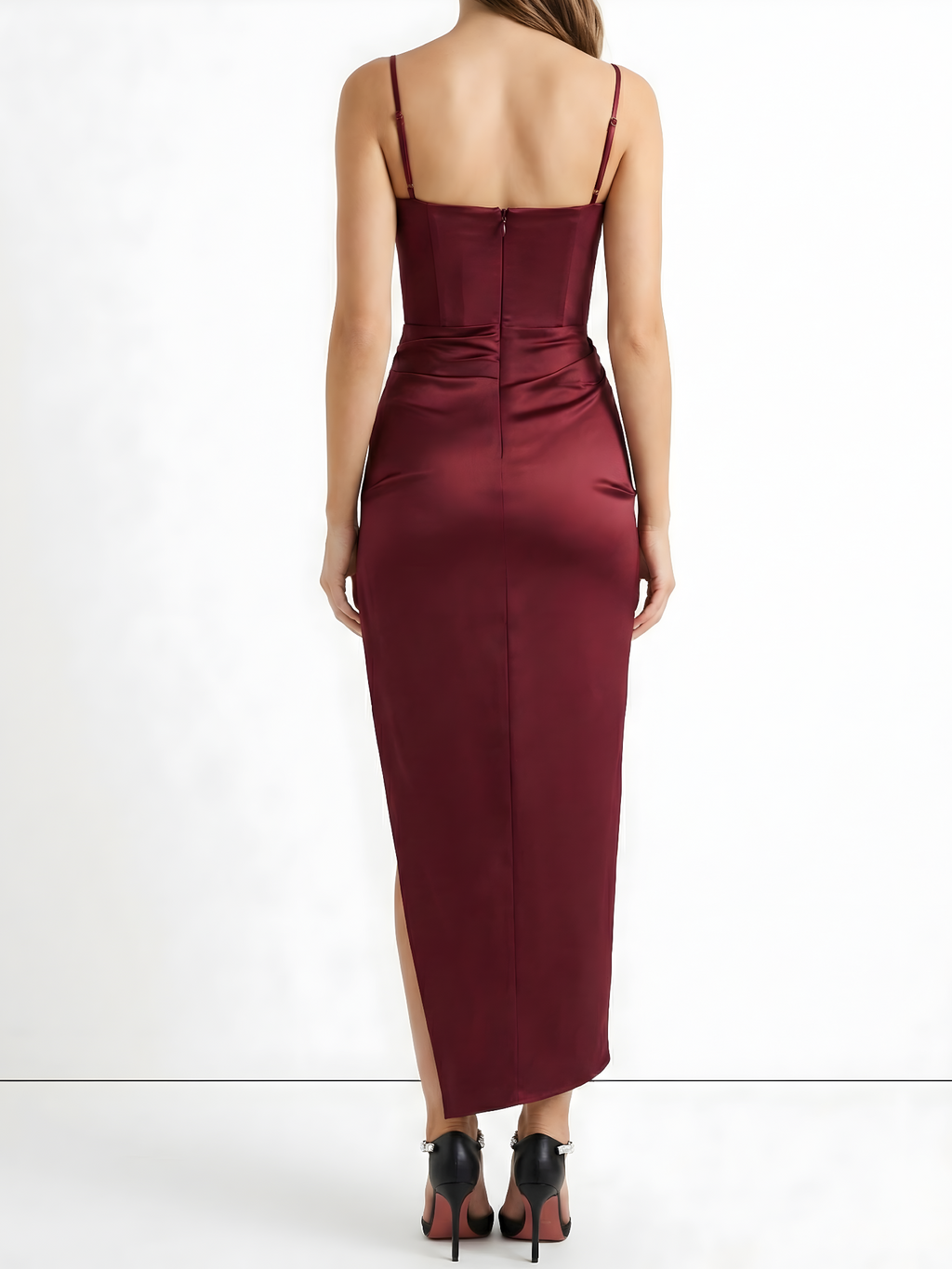 Wine Red satin dress back design with thin straps on a white background