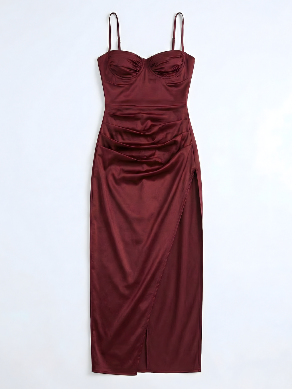 Wine Red satin dress with thin straps on a white background