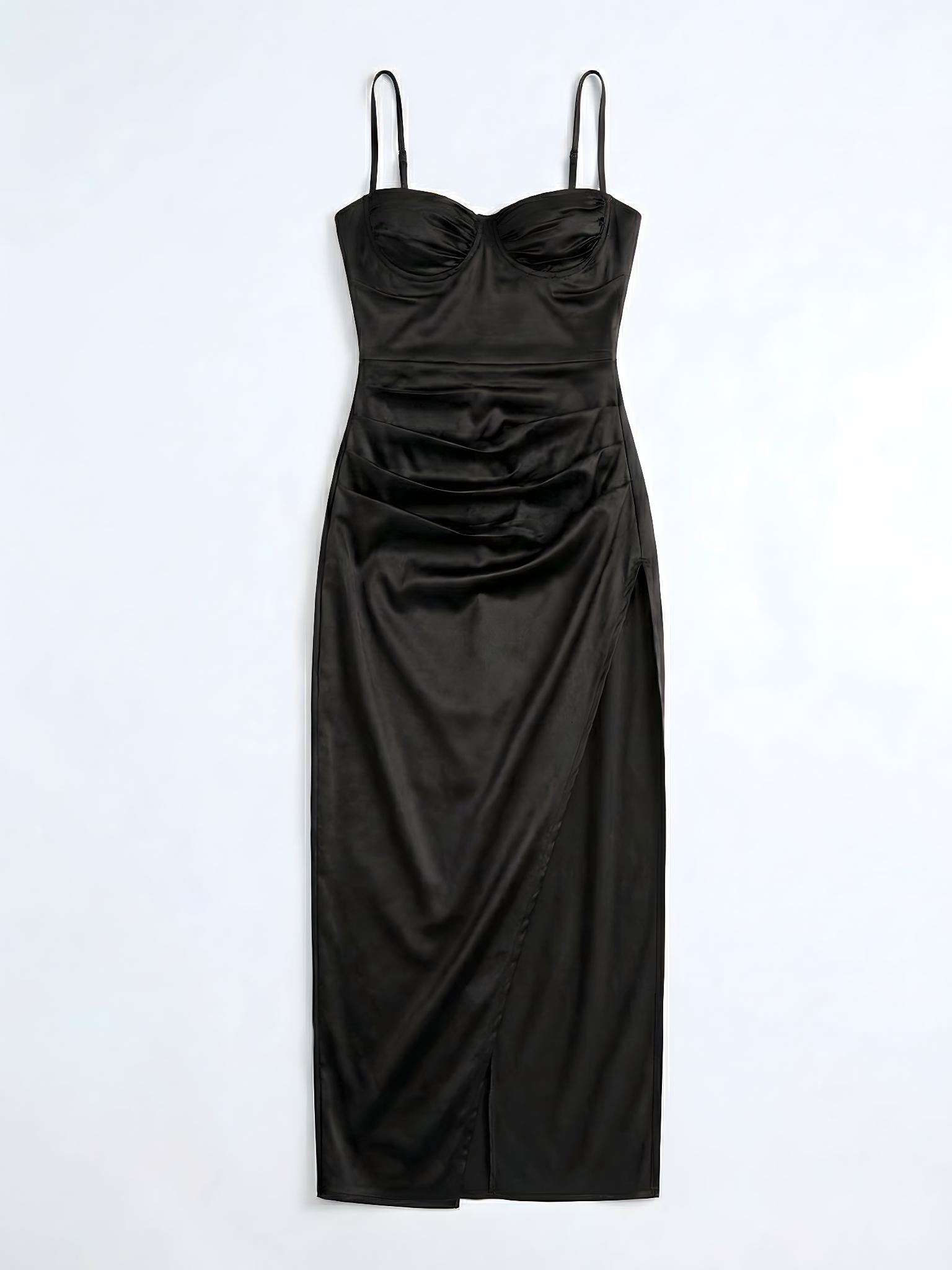 Black satin dress with thin straps on a white background