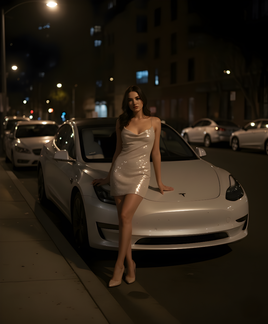 Woman in a white/beige dress standing next to a white car on a city street at night.