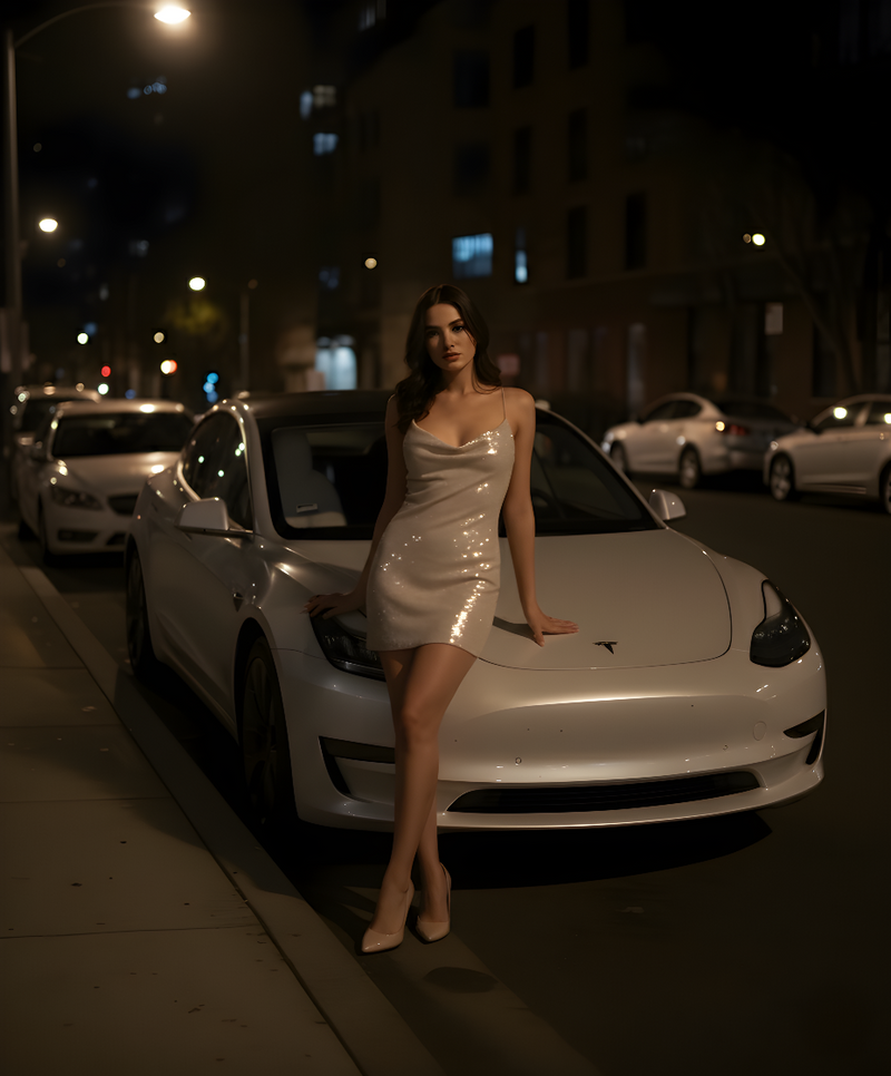 Woman in a white/beige dress standing next to a white car on a city street at night.