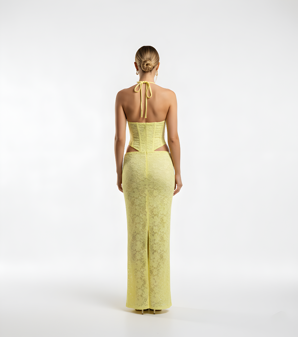 Lemon Drop Lace Corset Maxi Dress